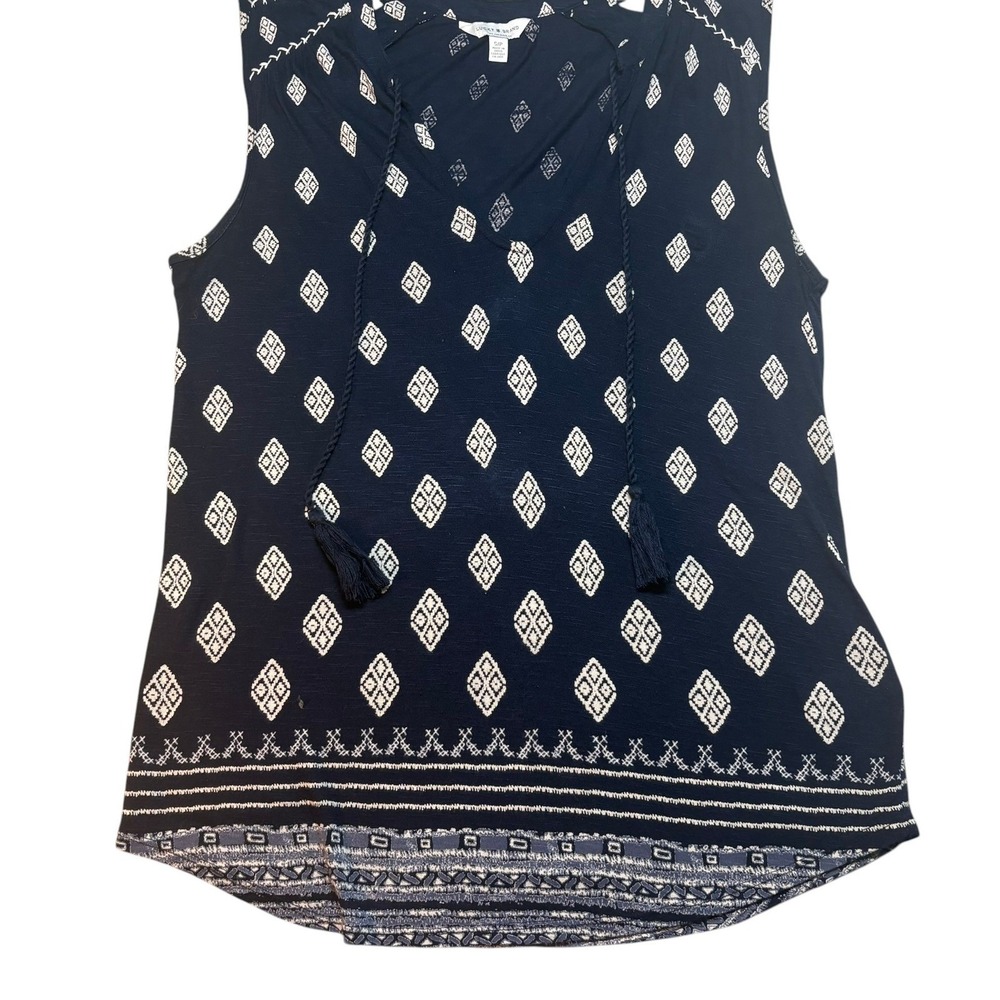 Lucky Brand Tank Top S Navy Blue Geometric Diamond Print Tassel V-Neck Boho